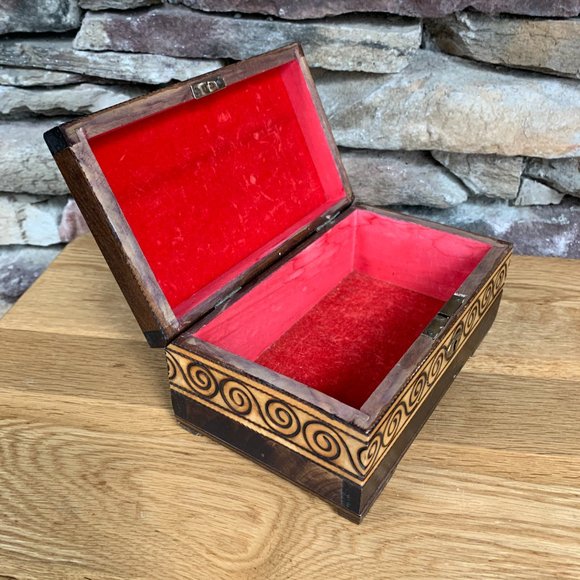 Jewelry Treasure Box Pyrography Wood Burning Red Velvet Lined Bohemian Decor - Picture 6 of 10